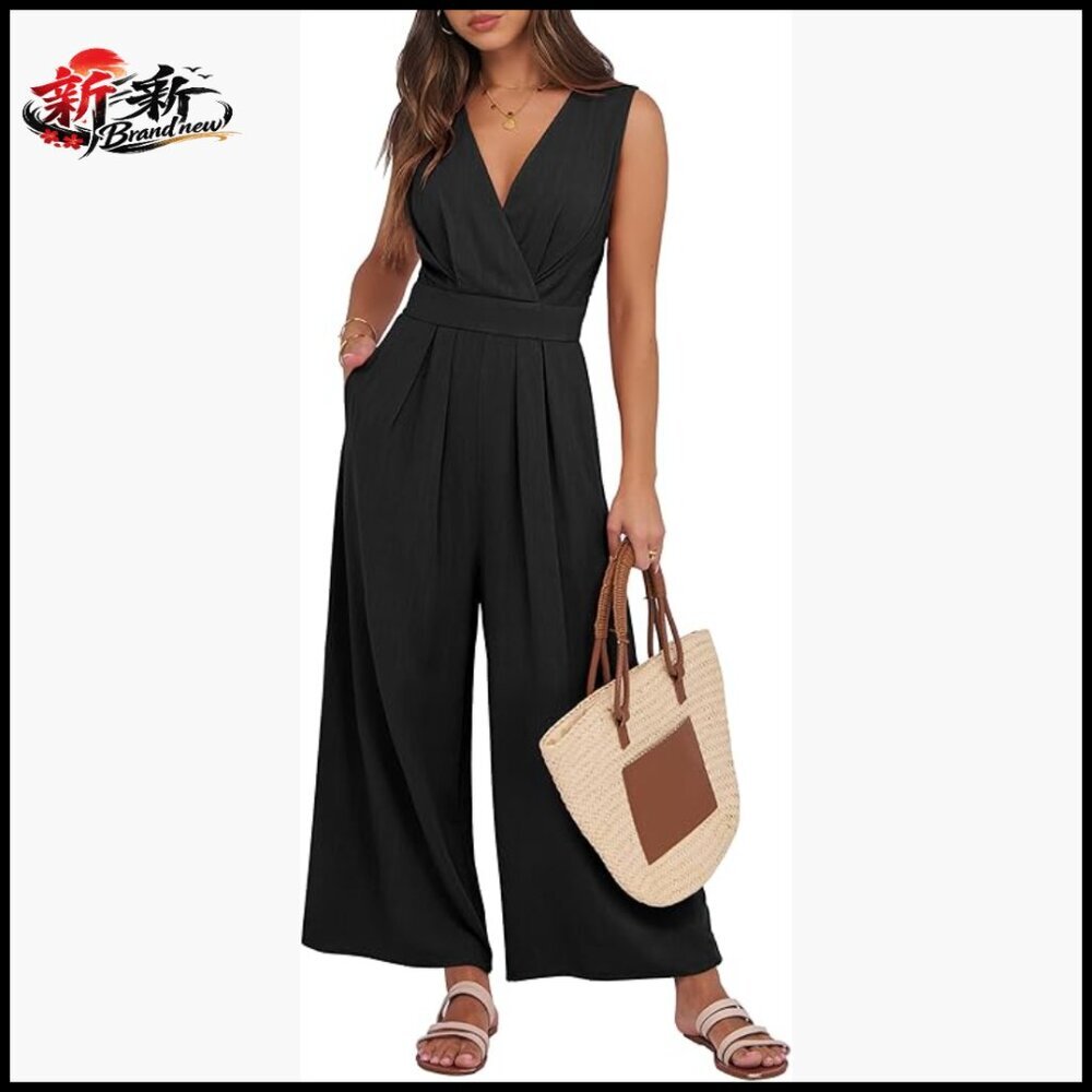 Sleeveless V-Neck Jumpsuit, 30% Linen 70% Rayon, Casual Backless Romper